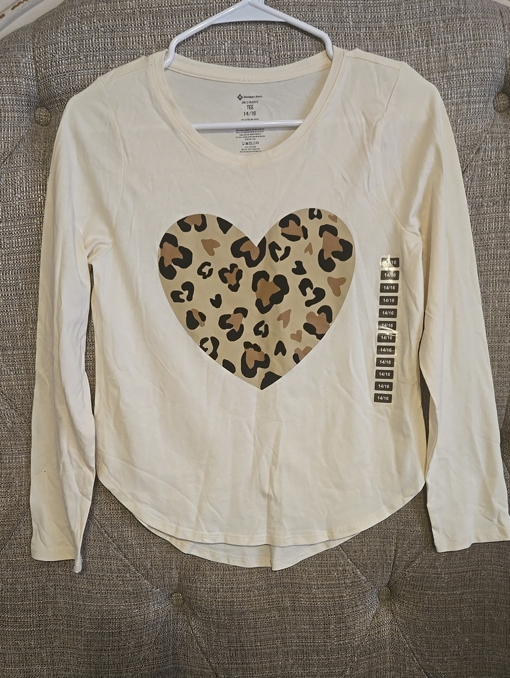 Girls' 14/16 Cream Long-Sleeve Top with Leopard Heart
